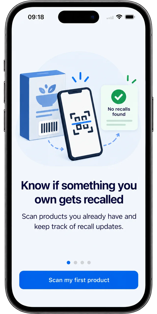 ScanRecalls onboarding: scan the products you own and follow recall updates.