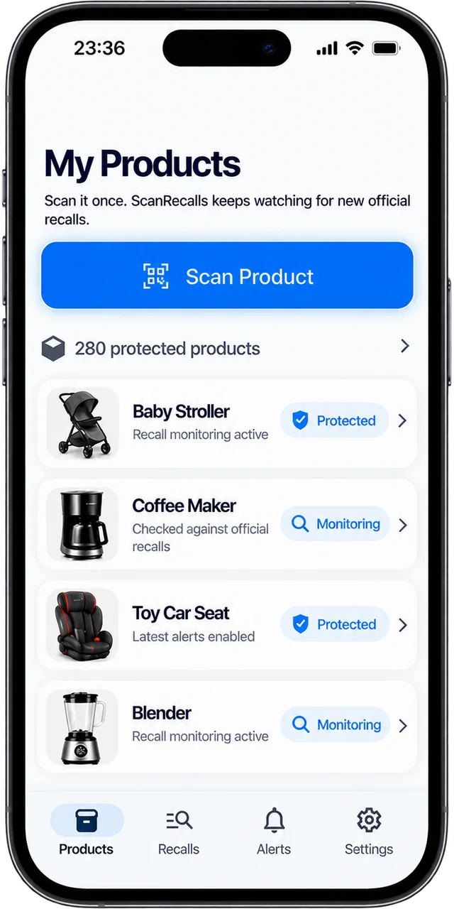 ScanRecalls My Products screen with saved products and recall monitoring.