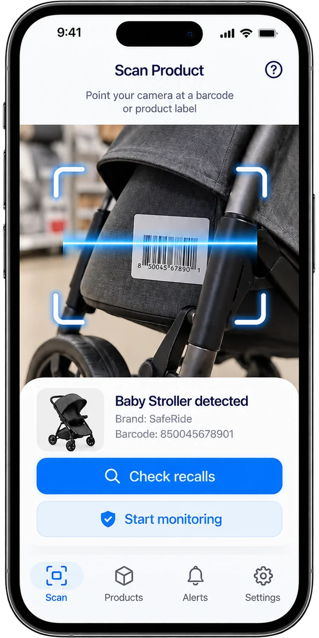 ScanRecalls barcode scanner with options to check recalls and start monitoring.