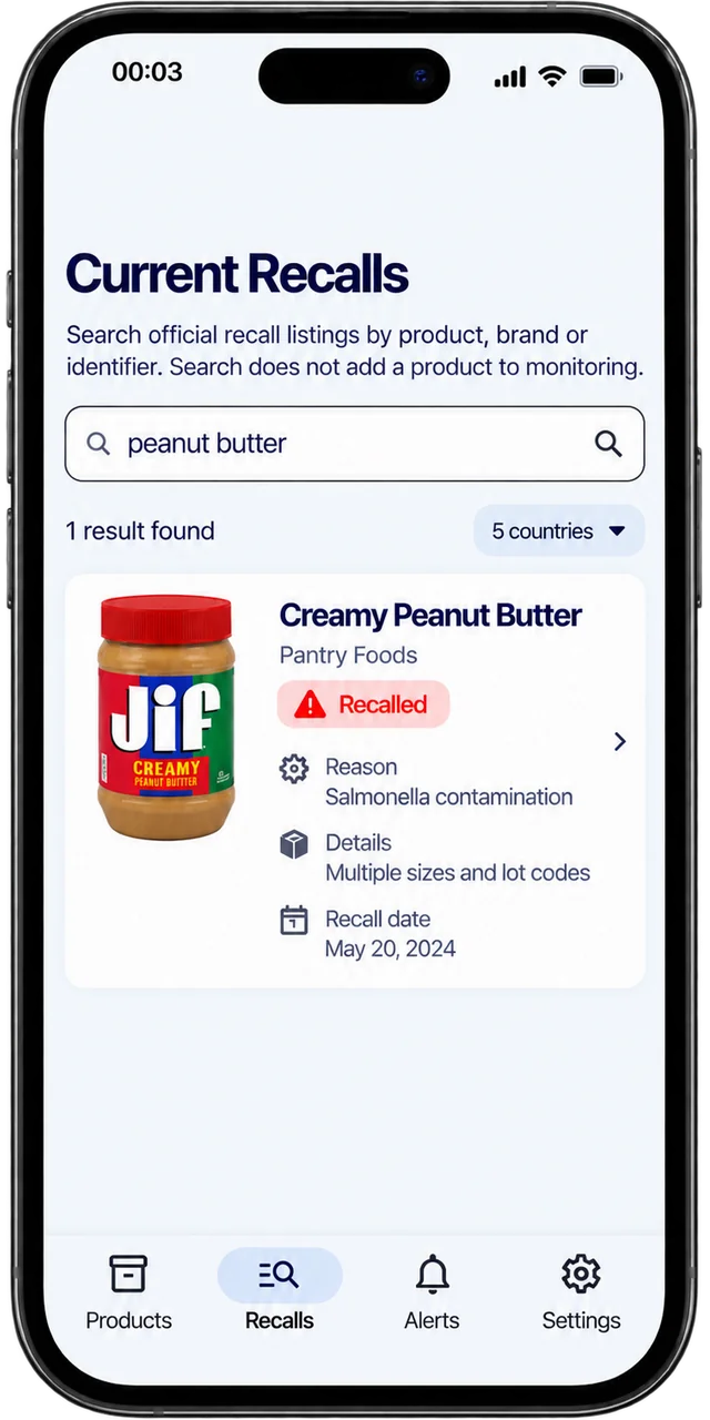 ScanRecalls Current Recalls screen with product search across five countries.