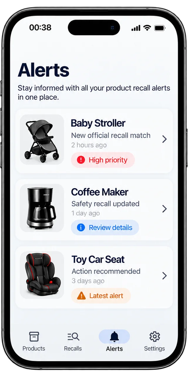 ScanRecalls Alerts screen with matching recall notices for monitored products.