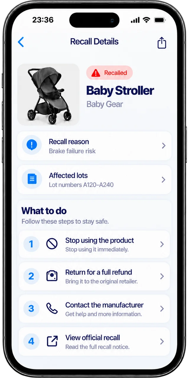 ScanRecalls Recall Details screen with affected lots and next steps.